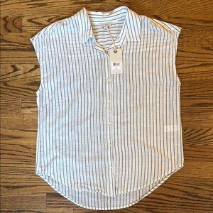 Lucky Brand Blue White Stripe Cotton Short Sleeve Button Down Shirt M NWT